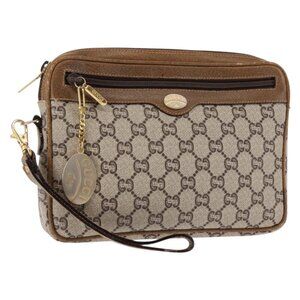 GUCCI GG PLUS Canvas Clutch Bag PVC Leather Beige Auth
